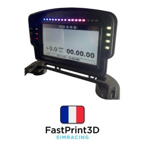 May include: Black racing simulator display with a screen showing lap times and other data. The display has multiple LED lights and the text "GAP sec. 00.00.00" and "LAST LAP: 00.00.000". The display is mounted on a black bracket.