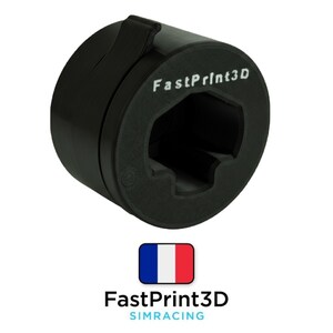 May include: A black, cylindrical object with a hexagonal interior, featuring the text "FastPrint3D" in white. The object has a curved top with a small tab. Below is the French flag and the text "FastPrint3D SIMRACING".