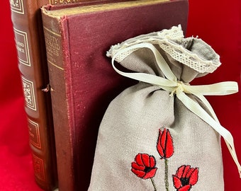 Handmade Cotton Drawstring Bag with Embroidered flowers and lace wrapped. 4"x 6"