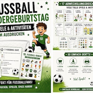 Könnte beinhalten: Ein digitales Set zum Ausdrucken für einen Fußball-Kindergeburtstag mit 17 Spielen und Aktivitäten. Die Grafiken zeigen einen Fußballspieler als Cartoon, Fußbälle und Spielbögen mit Titeln wie Elfmeterschießen, Fußball-Quiz und Fußball-Bingo.
