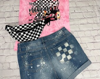 Repurposed Bleached Checkered Jean Shorts Size 6 Etsy