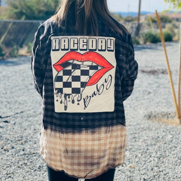 Raceday Baby flannel, dirt track, Moto, Dirt Bike, Drag Racing, Bleached flannel, Gift for her, Handmade, Racing gifts