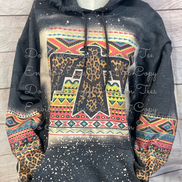 Aztec Leopard Thunder Bird hoodie, Western hoodie, Aztec hoodie, Western Wear, Gift for Her, Handmade, Bleached hoodie