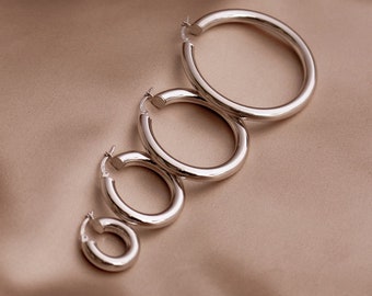 925 Silberne Creolen - Chunky Creolen Hoops aus Echtsilber 925 - Runde Ohrringe aus Silber