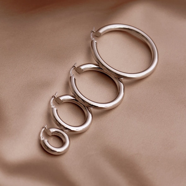 925 Silberne Creolen - Chunky Creolen Hoops aus Echtsilber 925 - Runde Ohrringe aus Silber