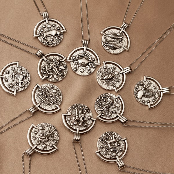 Sternzeichen Halskette Silber 925 - Horoskop Kette für Sie Echtsilber 925 Münzkette - Zodiac Necklace