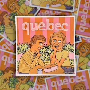 May include: A square sticker featuring a cartoon illustration of two people sitting at a table with the text "quebec" in large white letters above them. The background consists of vertical orange and pink stripes and green foliage.