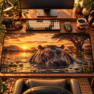 Nijlpaard bij zonsondergang bureauonderlegger, muismat met Afrikaanse wilde dieren, safari bureaudecoratie, gamingmat met Afrikaanse moerasgebieden, bureauonderlegger met natuurthema