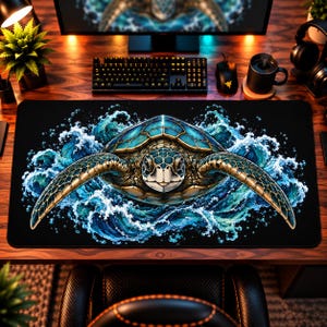 Puede incluir: Una alfombrilla de escritorio rectangular con una ilustración detallada de una tortuga marina nadando a través de turbulentas olas azules. La tortuga tiene un caparazón estampado y piel texturizada en tonos dorados, marrones y verde azulado.