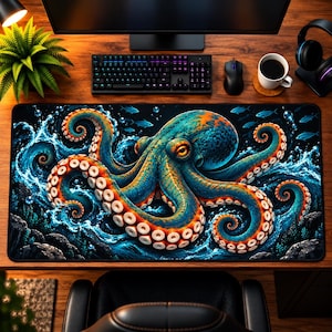 Op de afbeelding: Een rechthoekige bureaumat met een grote, gedetailleerde octopus met een blauwe en oranje huid, omringd door kolkende oceaangolven, bubbels en kleine vissen. De octopus heeft prominente zuignappen op de tentakels en een gefocust oog, tegen een donkere diepzee-achtergrond met rotsformaties in de onderste hoeken.