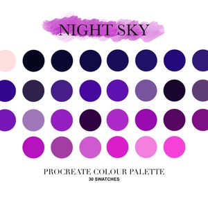 Puede incluir: Una paleta de colores titulada "Night Sky" con 30 muestras de color circulares en tonos de púrpura, violeta y rosa. El texto "Procreate Colour Palette" y "30 Swatches" se encuentra debajo.