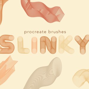 May include: Procreate brushes called "Slinky" featuring a range of abstract shapes and patterns in brown, beige, and grey. The shapes are made up of thin lines that create a 3D effect.
