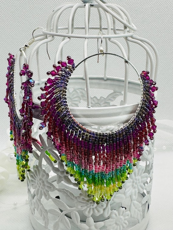 Miyuki Aurora Tropicale Hoop Earrings – Handcrafted in Japanese beads, unique design and gradient colors