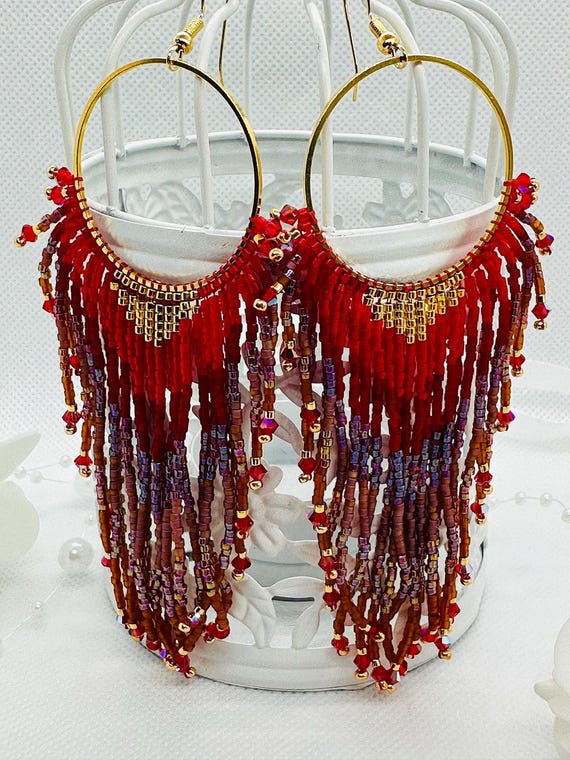Flammes d’Orient – Créoles Prestige Miyuki et Cristaux Preciosa, boucles d'oreilles Miyuki franges