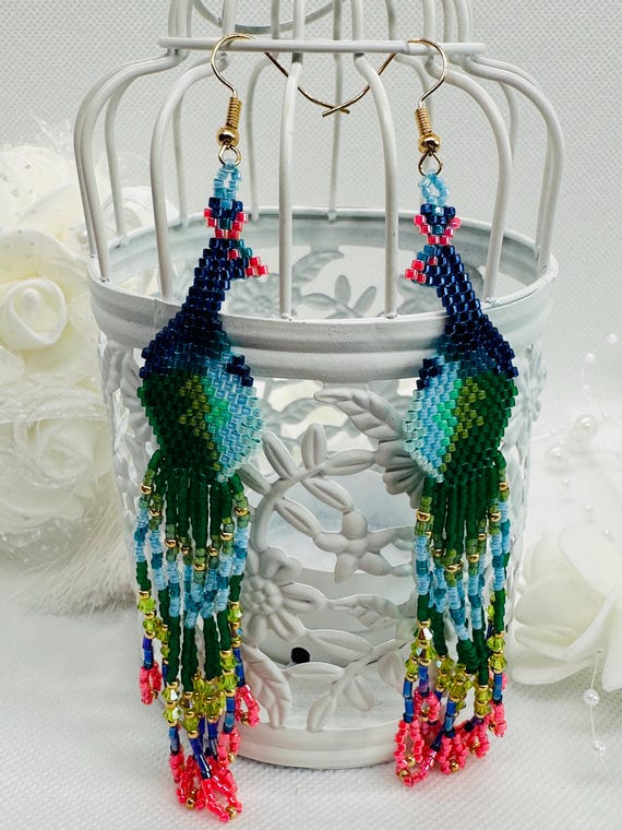 Celestial Peacock Feathers – Handwoven Miyuki beaded earrings