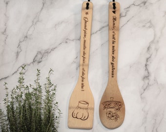 Cuillère et spatule de cuisine gravées en bambou , idée cadeau personnalisée, cuisinez en toute créativité :)