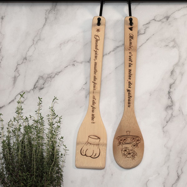 Cuillère et spatule de cuisine gravées en bambou , idée cadeau personnalisé, cuisinez en toute créativité :)