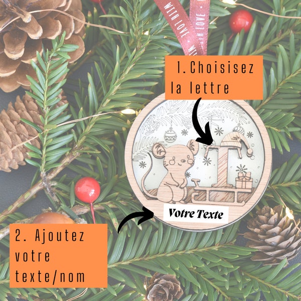 Boule de Noël Souris personnalisée - Enfant/Premier Noël - Nom & lettre personnalisable (Ornement personnalisé, Décoration de Noël en bois )