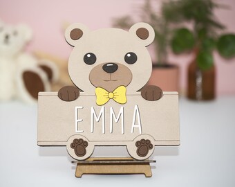 Plaque de porte personnalisée prénom enfant, cadeau naissance bébé ou anniversaire, décoration murale chambre enfant, panneau bois ourson