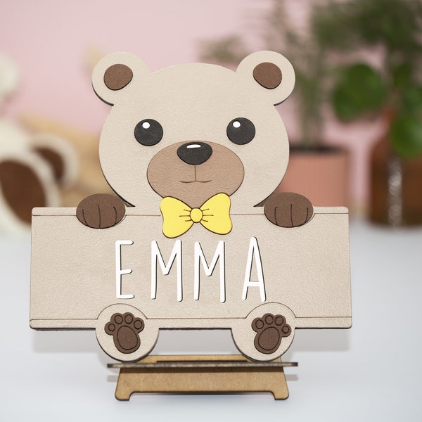 Plaque de porte personnalisée prénom enfant, cadeau naissance bébé ou anniversaire, décoration murale chambre enfant, panneau bois ourson