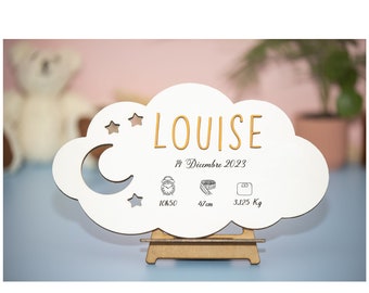 Plaque de porte personnalisée prénom enfant, cadeau naissance, bébé ou anniversaire, décoration murale chambre enfant, panneau bois nuage