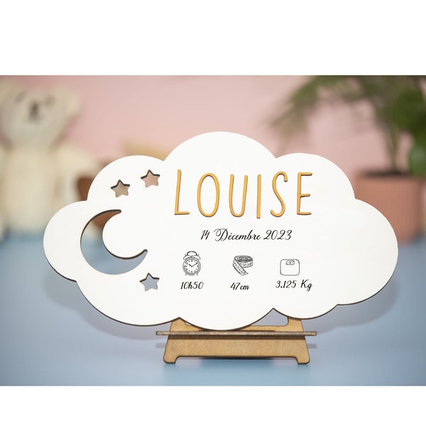 Plaque de porte personnalisée prénom enfant, cadeau naissance bébé ou anniversaire, décoration murale chambre enfant, panneau bois nuage