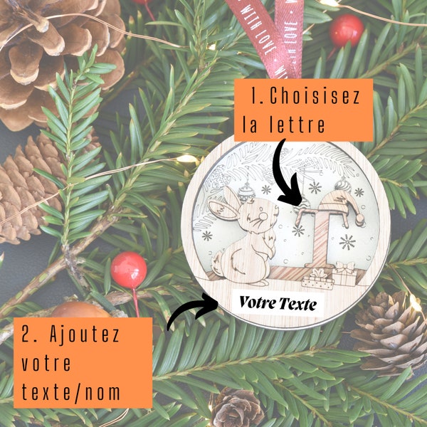 Boule de Noël Lapin personnalisée - Enfant/Premier Noël - Nom & lettre personnalisable (Ornement personnalisé, Décoration de Noël en bois)