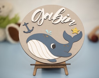 Plaque de porte personnalisée prénom enfant, panneau bois baleine, cadeau naissance bébé ou anniversaire, décoration murale chambre enfant