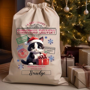PERSONALISED: natural cotton santa sack - cat kitty kitten pet design - merry christmas delivery -your name