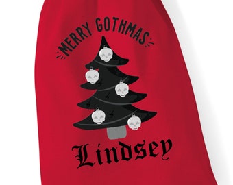 PERSONALISED: red cotton santa sack - Merry Gothmas skull tree xmas Christmas - funny, alternative, goth, gothic