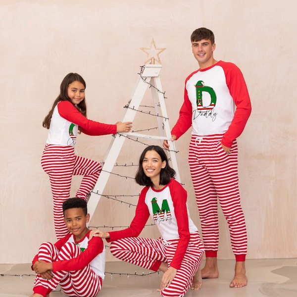 Personalised family matching Christmas xmas pjs pyjamas festive - Elf initial design - red stripes, long sleeves, your name