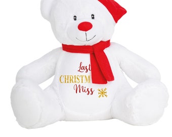 Last Christmas as a Miss GLITTER print teddy bear / pyjama case