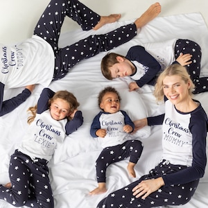 Personalised family matching Christmas xmas pjs pyjamas festive - Christmas Crew design - navy stars, long sleeves, your name