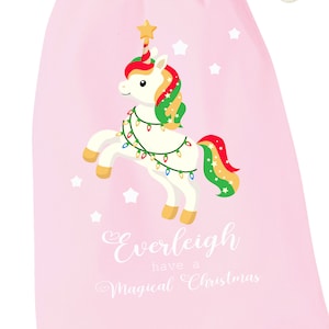 PERSONALISED: pink cotton santa sack - unicorn design - have a magical Christmas xmas - family matching set twinning