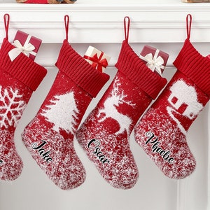 PERSONALISED:  your name red/white knitted Christmas xmas stocking santa, presents  family matching house, snowflake, reindeer, tree