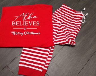 Personalised family matching xmas pjs pyjamas festive - your name believes design - red stripes, short sleeves, your name