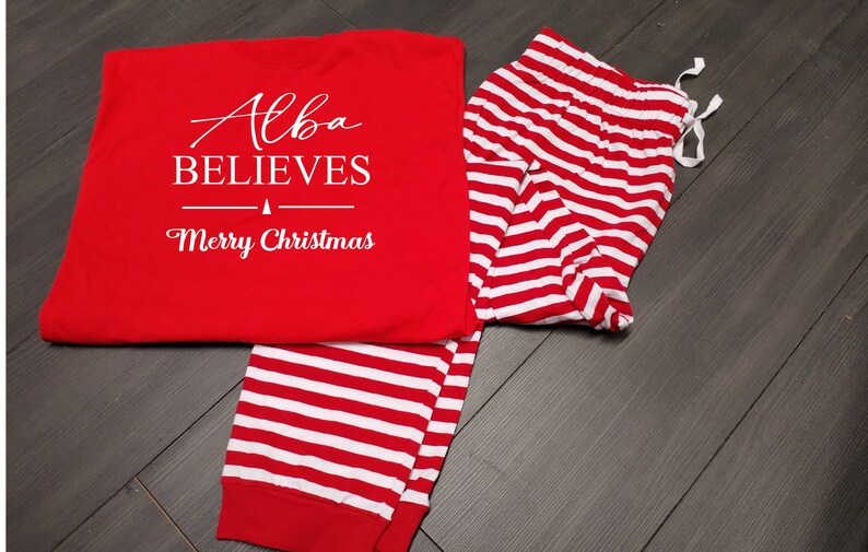 Personalised family matching xmas pjs pyjamas festive your name believes design red stripes, short sleeves, your name image 1