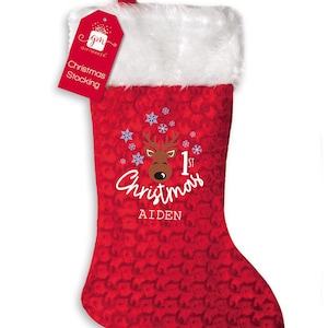 PERSONALISED:  1st first Christmas xmas stocking boy reindeer print your name
