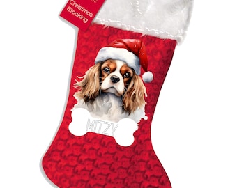 PERSONALISIERT: Ihr Name Weihnachten xmascavalier King Charles Spaniel Hund Welpe Welpe Weihnachtsstrumpf Socke, Weihnachtsmann, Geschenke - Knochendruck