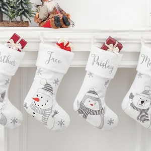 PERSONALISED:  your name grey/white character Christmas xmas stocking santa, presents  family matching fox, snowman, penguin, polar bear