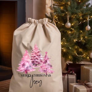 PERSONALISED: natural cotton santa sack - coquette pink tree design - merry christmas -your name