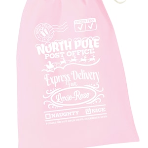 PERSONALISED: pink cotton santa sack - Christmas xmas North Pole post office express delivery - family matching set twinning