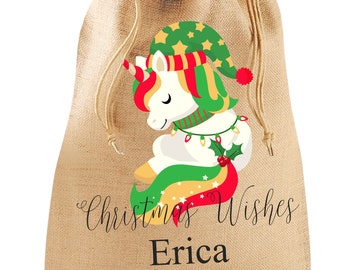 PERSONALISED: your name, unicorn, Christmas wishes jute santa sack christmas xmas - family matching set twinning