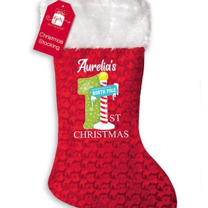 PERSONALISED:  1st first Christmas xmas stocking North Pole sign print your name