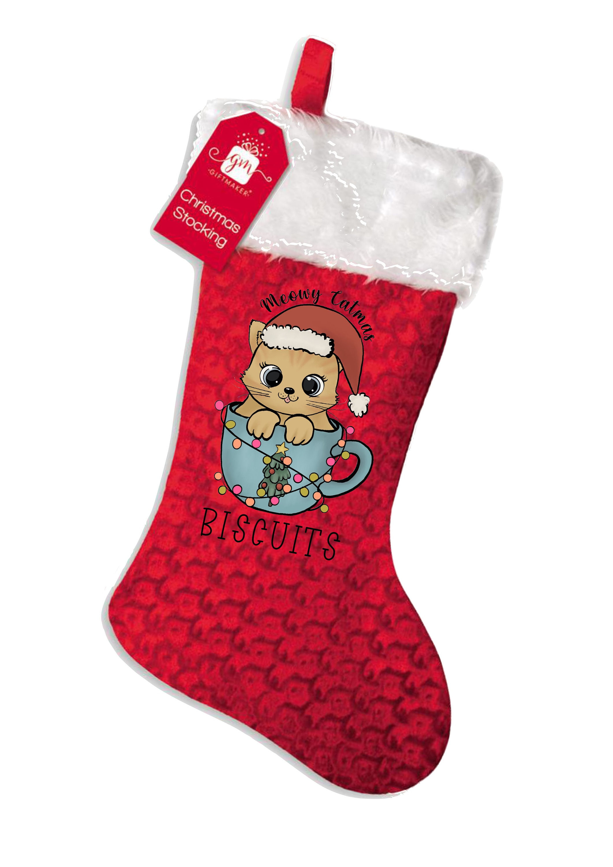 PERSONALISED:  your PET name cat kitten kitty, your name print xmas stocking , santa, presents - Meowy Catmas, merry Christmas
