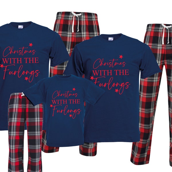 Personalised Christmas with the your family name surname matching xmas pjs pyjamas festive  red navy tartan plaid short sleeves long bottoms
