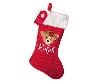 PERSONALISED:  your name Christmas xmas corgi dog pup puppy with poinsetta print xmas stocking sock , santa, presents