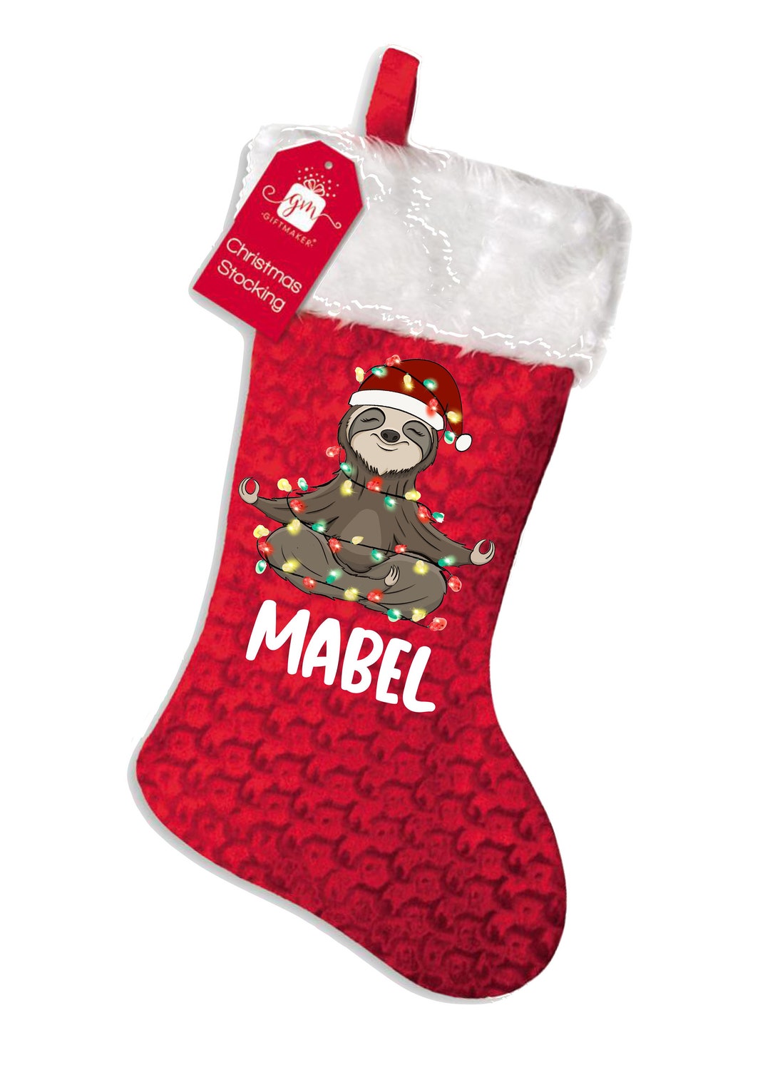 PERSONALISED: Your Name Sloth With Christmas Lights Print Xmas Stocking