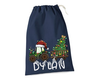 PERSONALISED: navy cotton santa sack - tractor with Christmas tree design - your name Christmas xmas - family matching set twinning