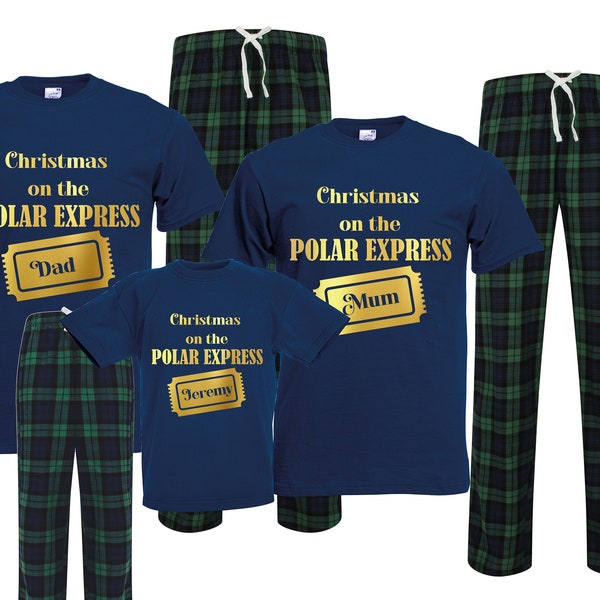 Personalised Polar Express ticket family matching xmas pjs pyjamas festive - green navy tartan check plaid short sleeves long bottoms